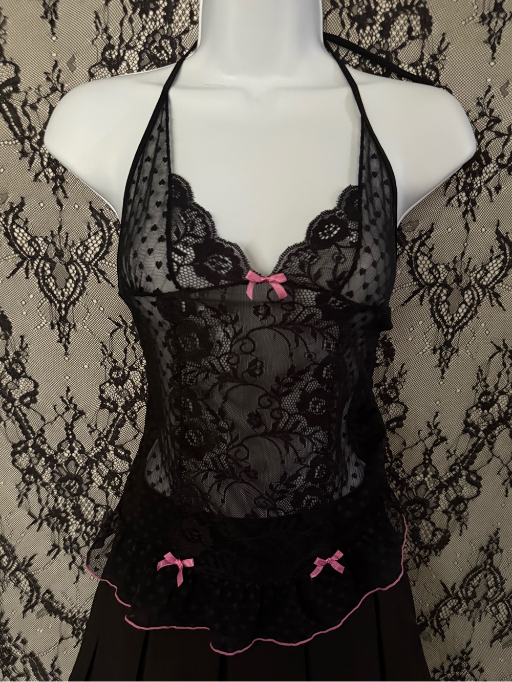 Baci black lace halter lingerie top with pink bows and floral embroidery o/s